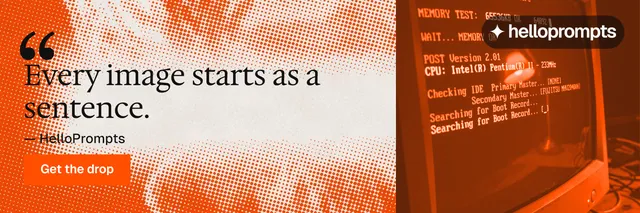 X header for HelloPrompts: "Every image starts as a sentence." Swiss style, quote layout, light palette in orange.