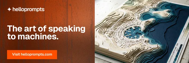 X header for HelloPrompts: "The art of speaking to machines." Swiss style, bottom layout, light palette in orange, black, grey.