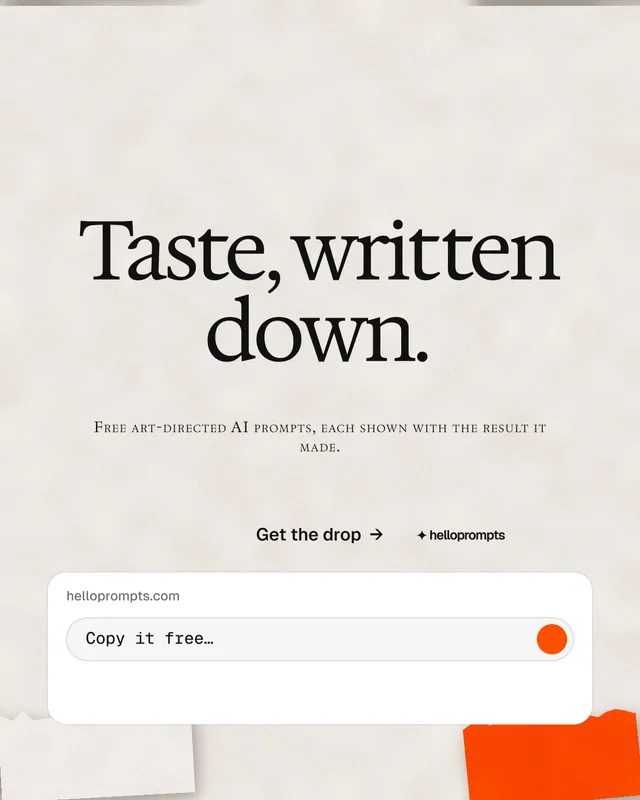 Instagram portrait post for HelloPrompts: "Taste, written down." Swiss style, smallcaps layout, light palette in orange, white.