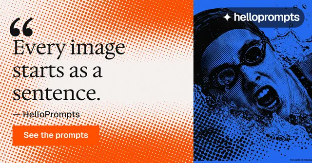 Social ad for HelloPrompts: "Say it like an art director." Swiss style, quote layout, light palette in orange, blue.