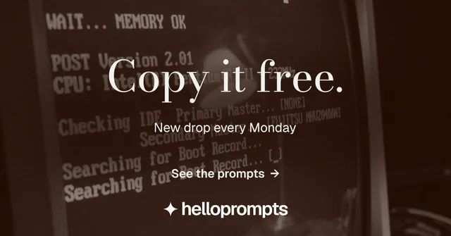Social ad for HelloPrompts: "Copy it free." Minimal luxury style, centred layout, dark palette in orange, black, grey.