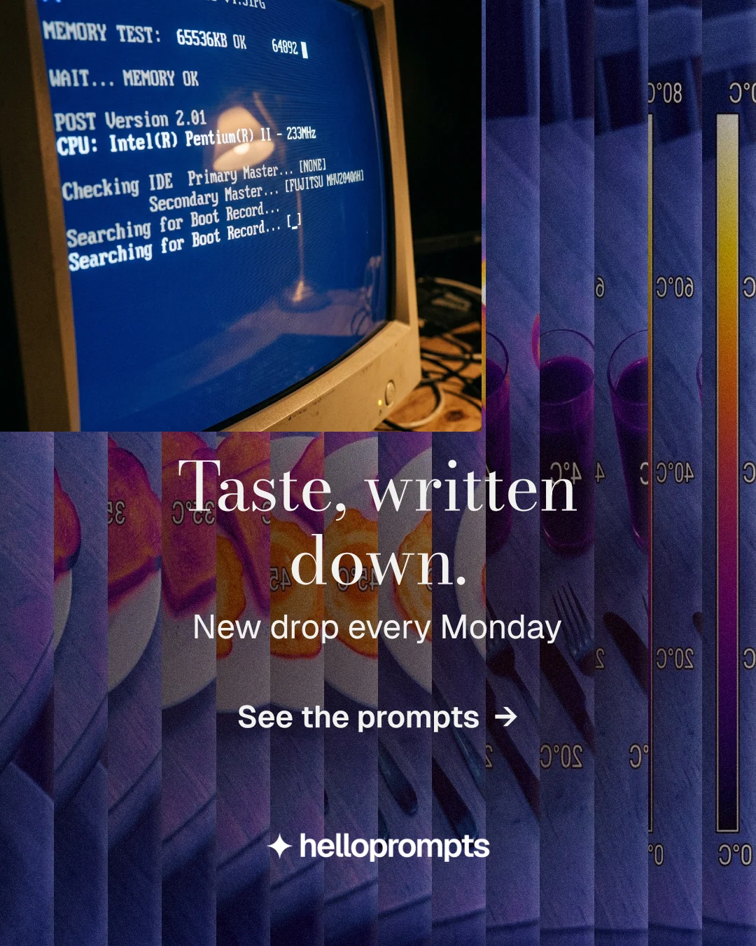 Instagram portrait post for HelloPrompts: "Taste, written down." Minimal luxury style, skeleton layout, dark palette in blue, purple, grey.