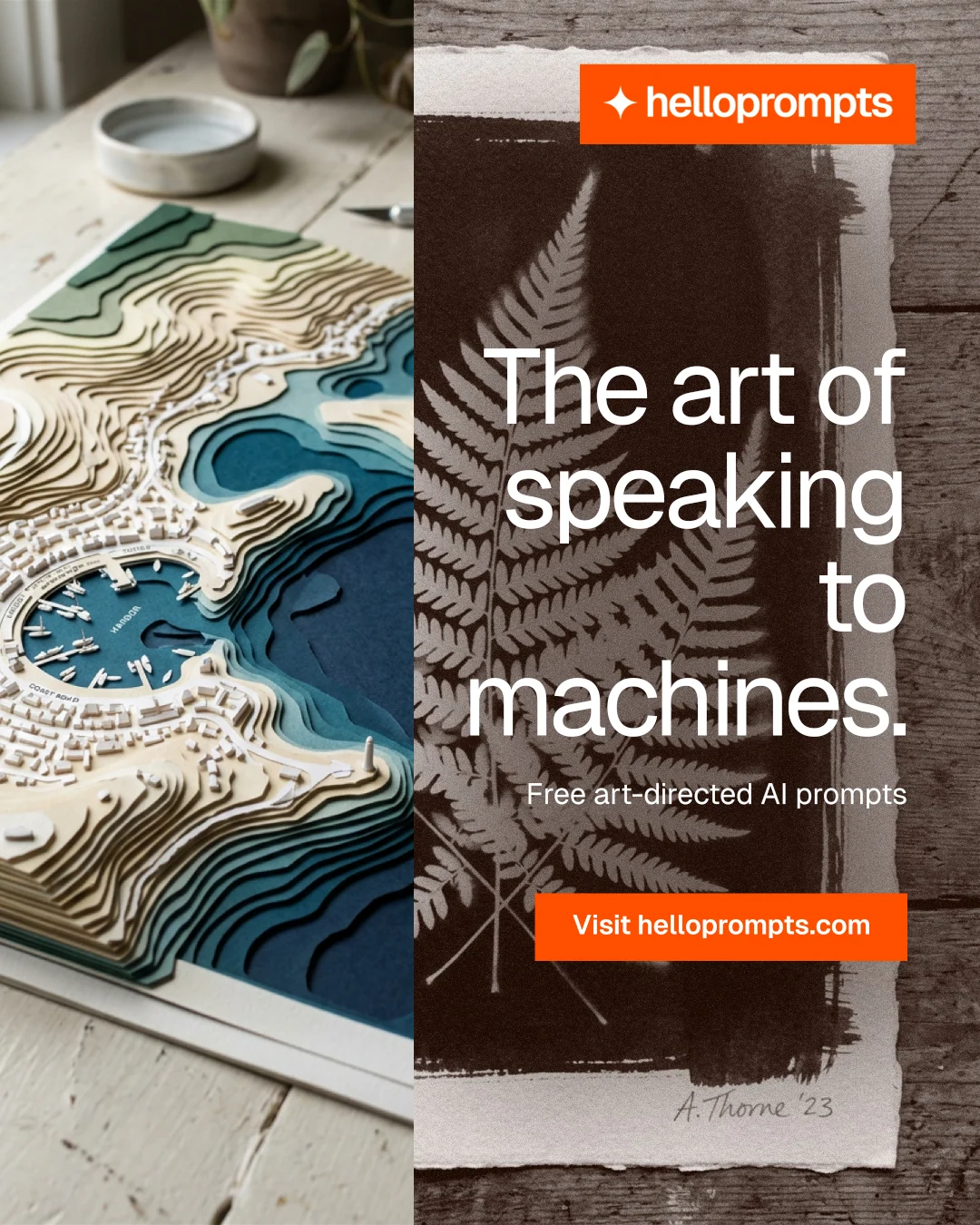 Instagram portrait post for HelloPrompts: "The art of speaking to machines." Swiss style, right layout, light palette in orange, black, grey.