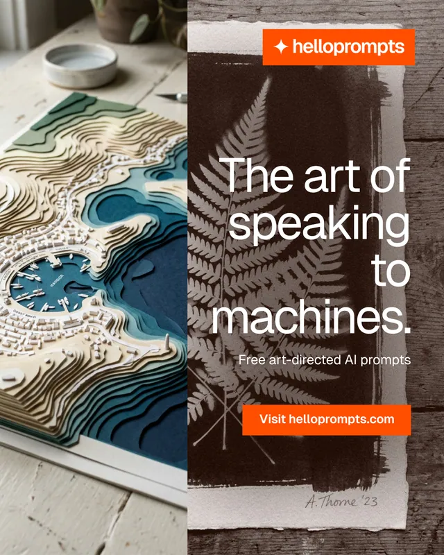 Instagram portrait post for HelloPrompts: "The art of speaking to machines." Swiss style, right layout, light palette in orange, black, grey.