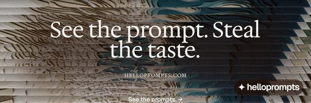 X header for HelloPrompts: "See the prompt. Steal the taste." Agentic glass style, smallcaps layout, dark palette in black, grey.