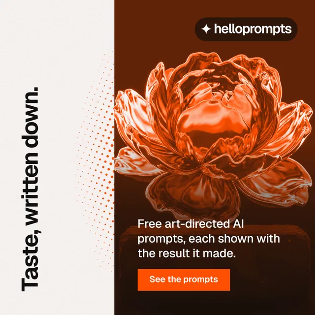 Instagram post for HelloPrompts: "Taste, written down." Swiss style, vertical layout, light palette in white, orange.