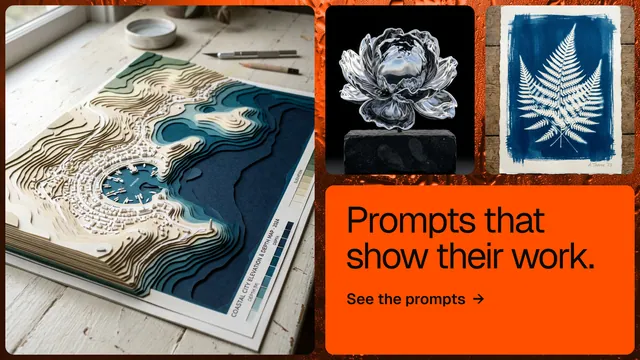 Landscape graphic for HelloPrompts: "Prompts that show their work." Agentic glass style, collage layout, light palette in black, orange, grey.