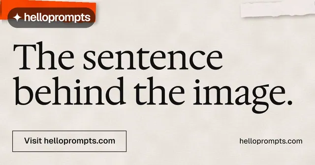 Social ad for HelloPrompts: "The sentence behind the image." Editorial style, poster layout, light palette in orange, grey.