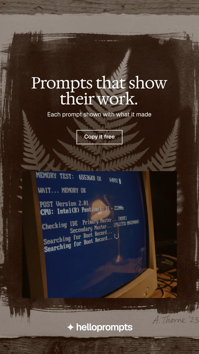 Instagram story for HelloPrompts: "Prompts that show their work." Editorial style, centred layout, dark palette in black, orange, grey.