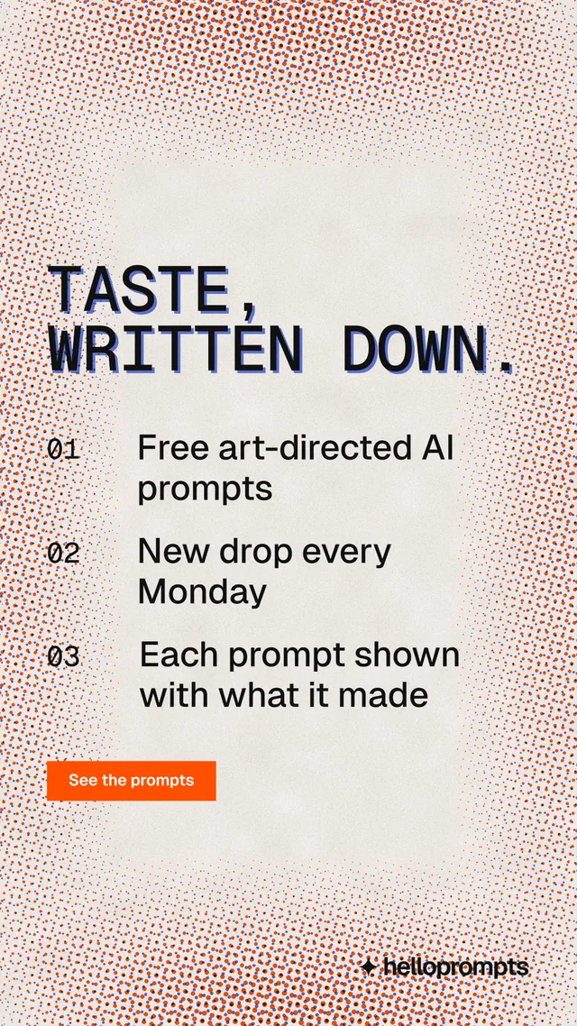 Instagram story for HelloPrompts: "Taste, written down." Retro print style, numbered layout, light palette in red, orange.