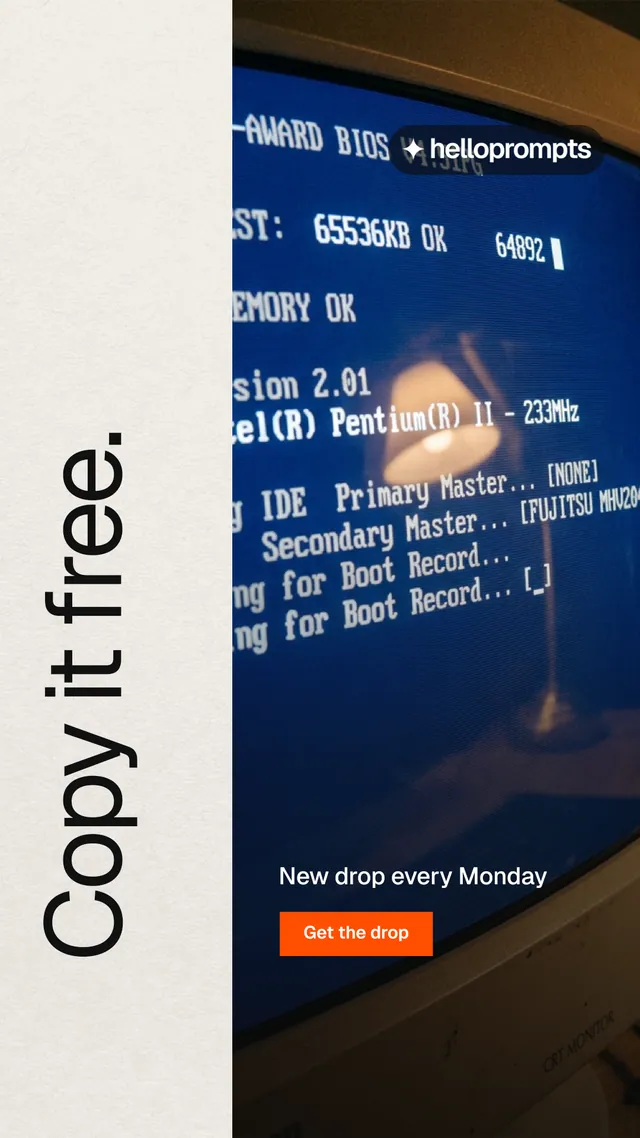 Instagram story for HelloPrompts: "Copy it free." Swiss style, vertical layout, light palette in blue, black, yellow.