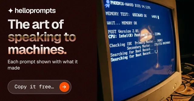 Social ad for HelloPrompts: "The art of speaking to machines." Agentic glass style, bottom layout, dark palette in black, blue, grey.