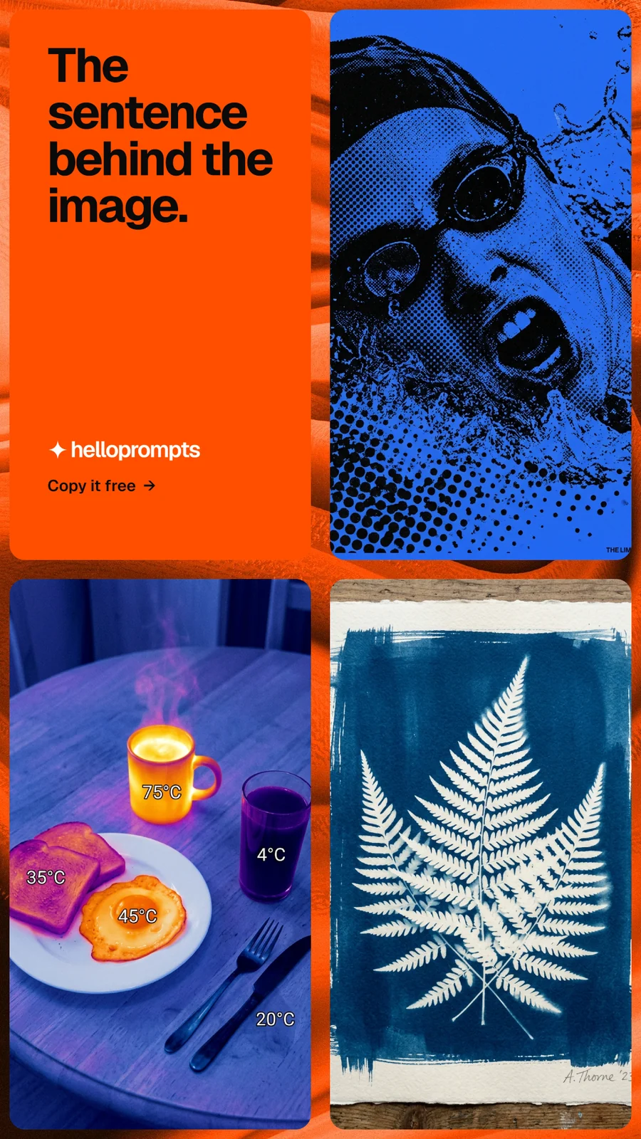Instagram story for HelloPrompts: "The sentence behind the image." Agentic glass style, collage layout, dark palette in red, blue, grey.