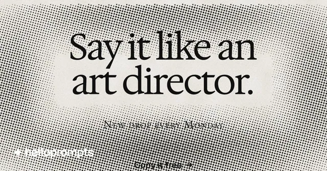 Social ad for HelloPrompts: "Say it like an art director." Retro print style, smallcaps layout, light palette in grey, yellow, white.