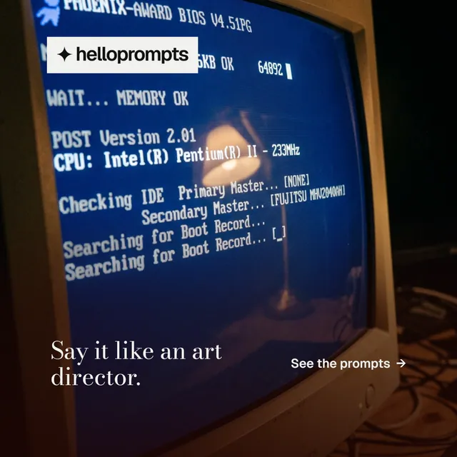 Instagram post for HelloPrompts: "Say it like an art director." Minimal luxury style, image led layout, dark palette in black, blue, grey.