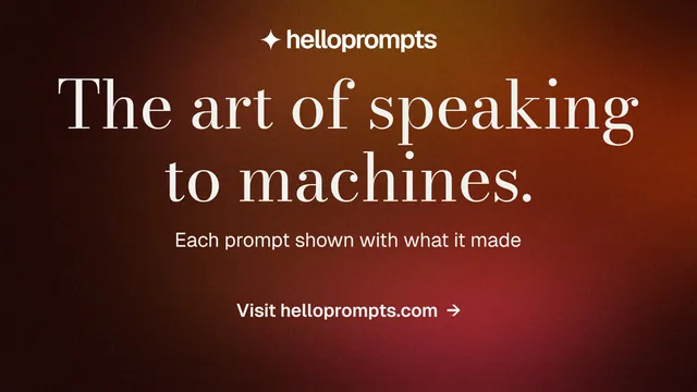 Landscape graphic for HelloPrompts: "The art of speaking to machines." Minimal luxury style, centred layout, dark palette in red, black, orange.