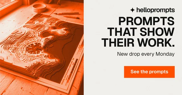 Social ad for HelloPrompts: "Prompts that show their work." Swiss style, right layout, light palette in white, orange.
