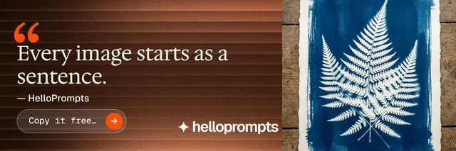 X header for HelloPrompts: "Every image starts as a sentence." Agentic glass style, quote layout, dark palette in orange, black, grey.