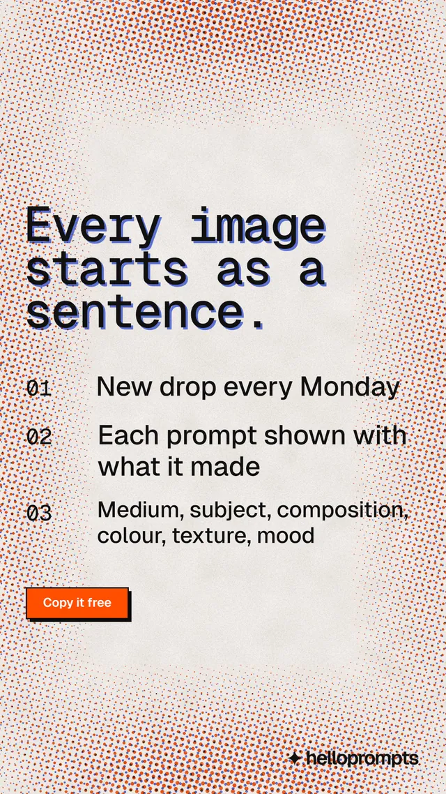 Instagram story for HelloPrompts: "Every image starts as a sentence." Brutalist style, numbered layout, light palette in red, orange, grey.