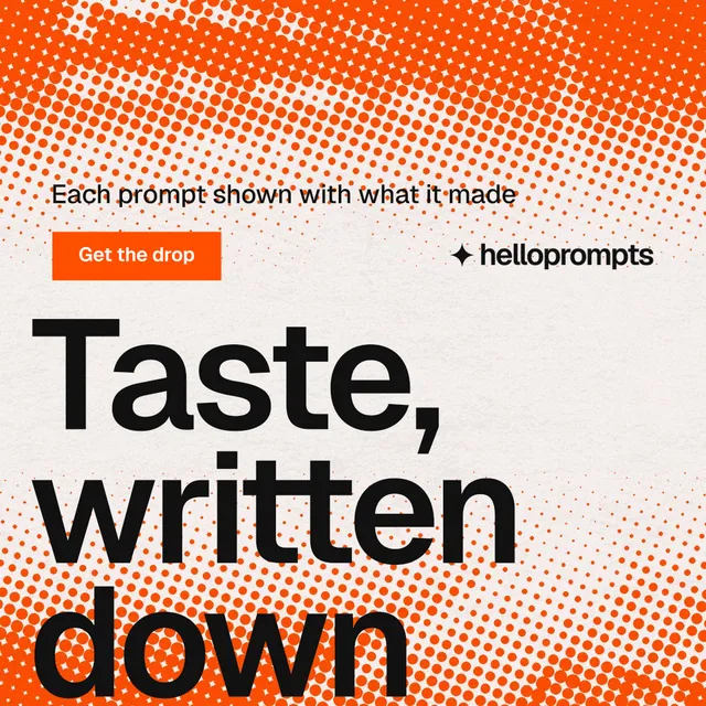 Instagram post for HelloPrompts: "Prompts that show their work." Split block style, oversized layout, light palette in orange, white.