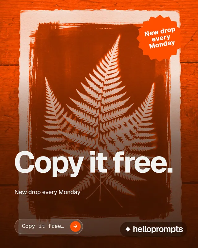 Instagram portrait post for HelloPrompts: "Copy it free." Agentic glass style, sticker layout, dark palette in orange.