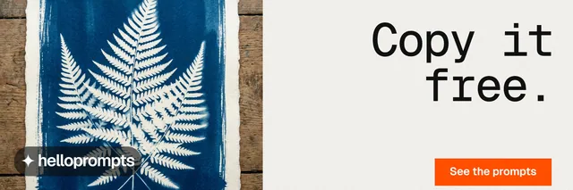 X header for HelloPrompts: "Copy it free." Swiss style, right layout, light palette in white, blue, grey.
