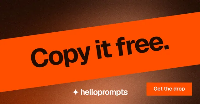 Social ad for HelloPrompts: "Copy it free." Swiss style, diagonal layout, dark palette in orange.