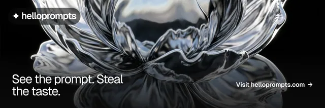 X header for HelloPrompts: "See the prompt. Steal the taste." Swiss style, image led layout, dark palette in black, grey.
