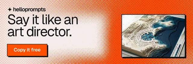 X header for HelloPrompts: "Say it like an art director." Brutalist style, skeleton layout, light palette in orange, white.