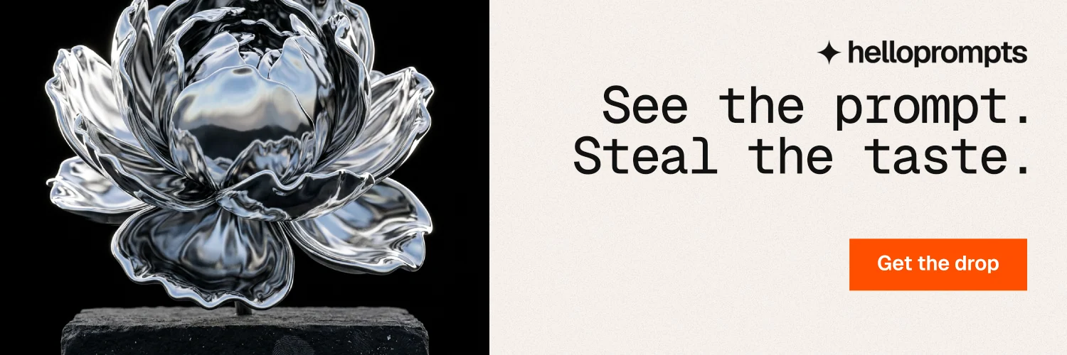 X header for HelloPrompts: "See the prompt. Steal the taste." Swiss style, right layout, light palette in white, black, grey.