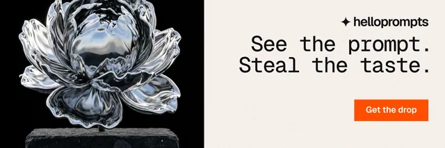 X header for HelloPrompts: "See the prompt. Steal the taste." Swiss style, right layout, light palette in white, black, grey.