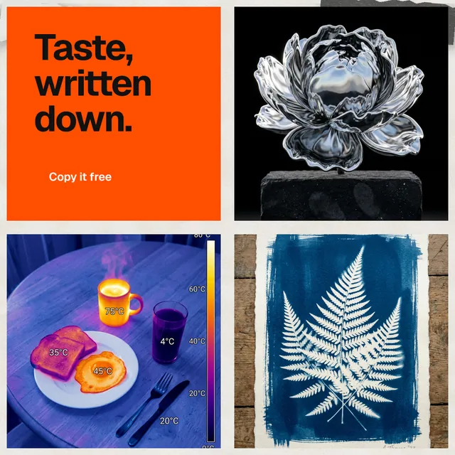 Instagram post for HelloPrompts: "Taste, written down." Swiss style, collage layout, dark palette in blue, grey, red.