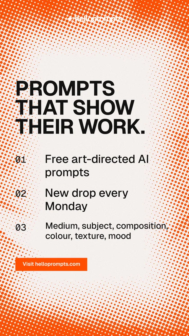 Instagram story for HelloPrompts: "Prompts that show their work." Retro print style, numbered layout, light palette in orange, white.