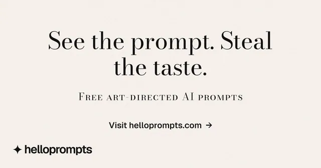 Social ad for HelloPrompts: "See the prompt. Steal the taste." Minimal luxury style, smallcaps layout, light palette in white.