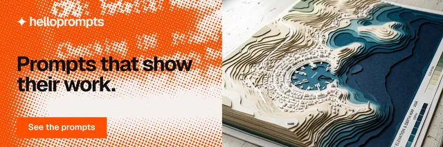X header for HelloPrompts: "Prompts that show their work." Swiss style, bottom layout, light palette in orange, grey.