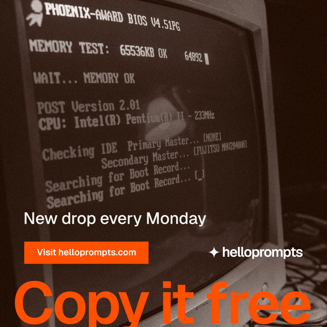 Instagram post for HelloPrompts: "Prompts that show their work." Swiss style, oversized layout, dark palette in orange, brown, black.
