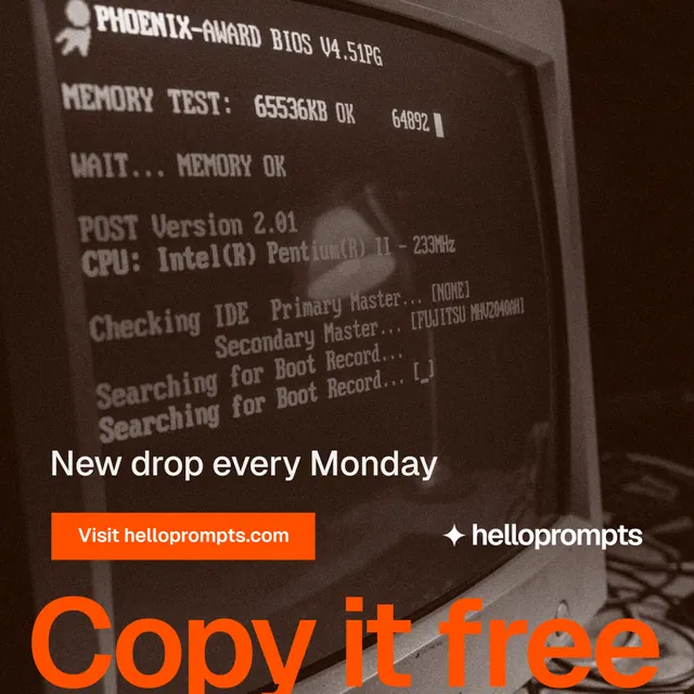 Instagram post for HelloPrompts: "Prompts that show their work." Swiss style, oversized layout, dark palette in orange, brown, black.
