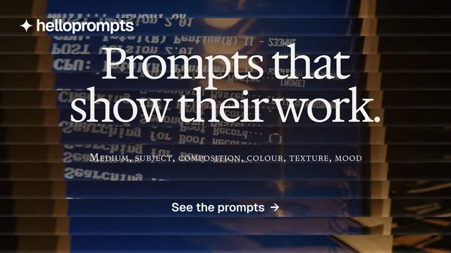 Landscape graphic for HelloPrompts: "Prompts that show their work." Agentic glass style, smallcaps layout, dark palette in black, blue, grey.