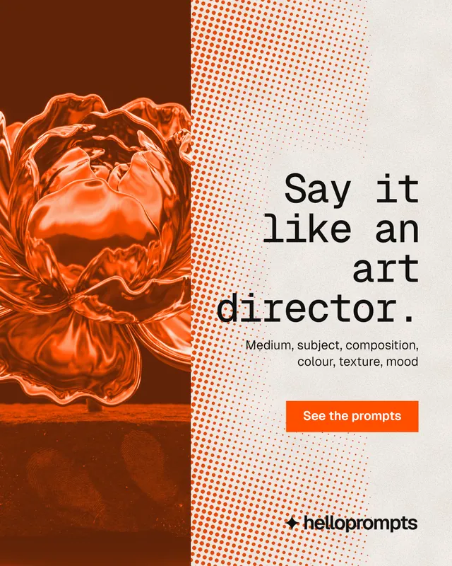 Instagram portrait post for HelloPrompts: "Say it like an art director." Swiss style, right layout, light palette in orange, brown.