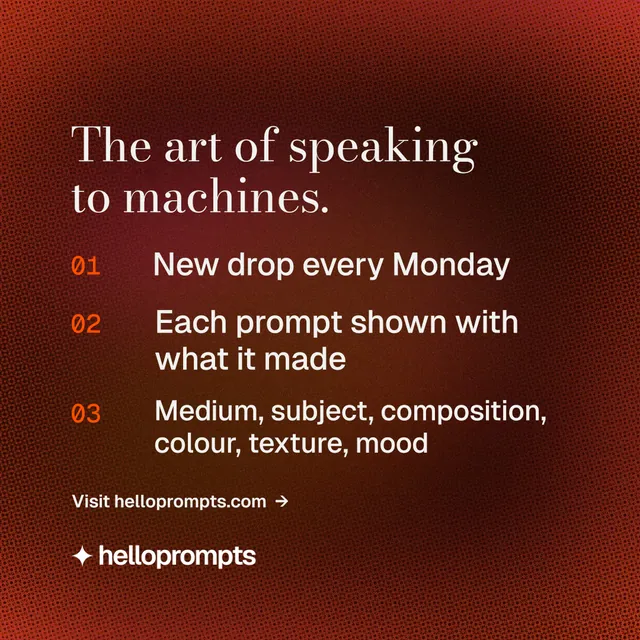 Instagram post for HelloPrompts: "The art of speaking to machines." Minimal luxury style, numbered layout, dark palette in red.