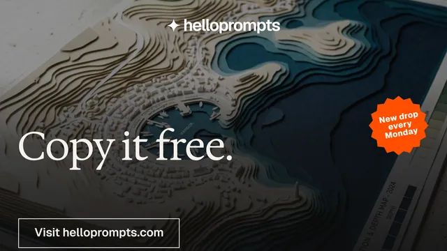 Landscape graphic for HelloPrompts: "Copy it free." Editorial style, sticker layout, dark palette in black, grey.