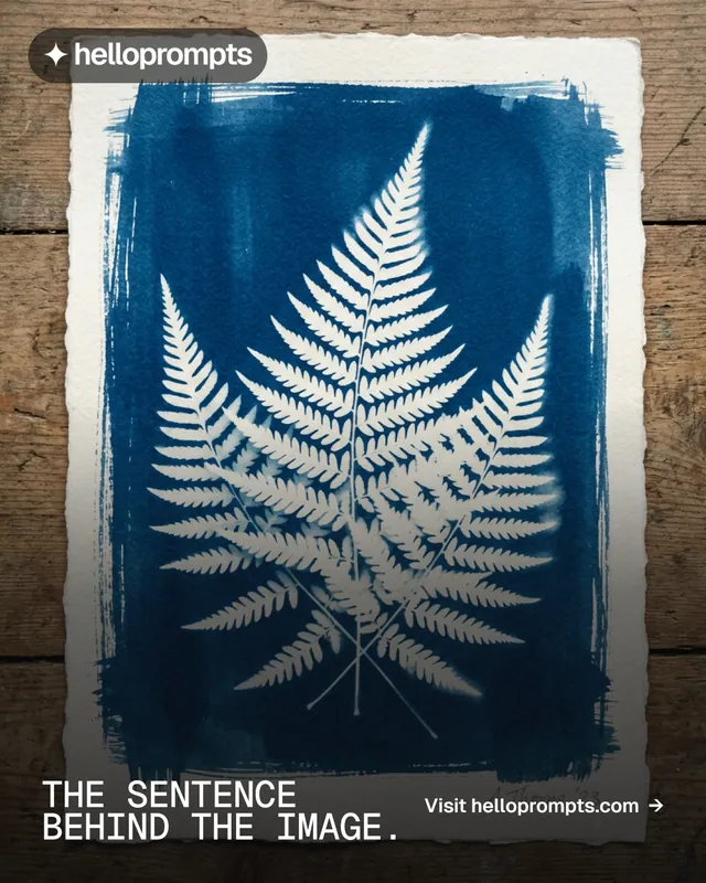 Instagram portrait post for HelloPrompts: "The sentence behind the image." Brutalist style, image led layout, dark palette in blue, black, grey.