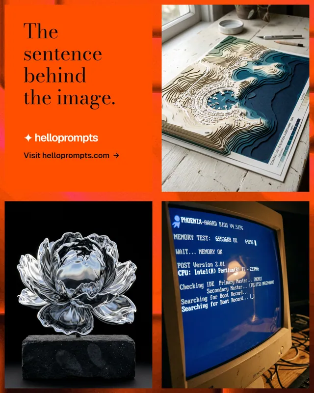Instagram portrait post for HelloPrompts: "The sentence behind the image." Minimal luxury style, collage layout, dark palette in black, orange, grey.