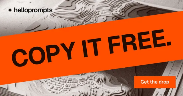 Social ad for HelloPrompts: "Copy it free." Swiss style, diagonal layout, light palette in orange, white, grey.