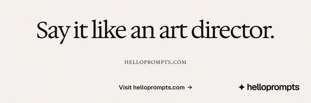 X header for HelloPrompts: "Say it like an art director." Swiss style, smallcaps layout, light palette in white, grey.