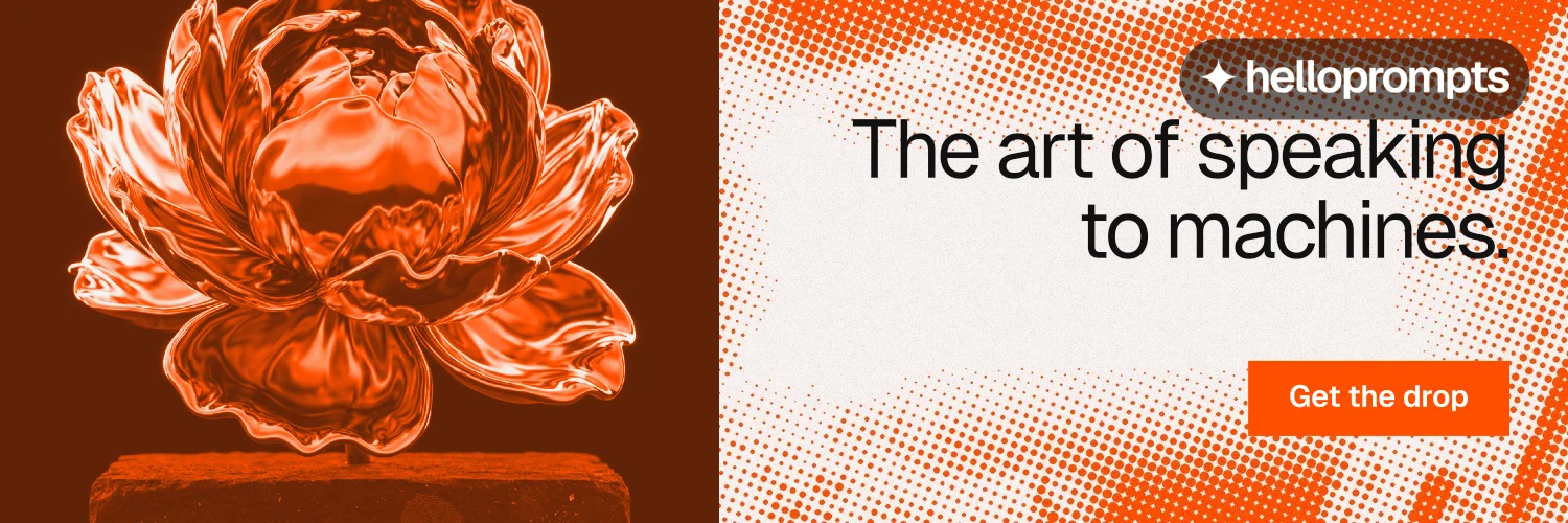 X header for HelloPrompts: "The art of speaking to machines." Swiss style, right layout, light palette in white, orange.