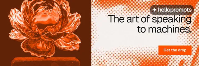 X header for HelloPrompts: "The art of speaking to machines." Swiss style, right layout, light palette in white, orange.