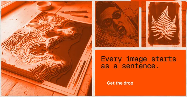 Social ad for HelloPrompts: "Every image starts as a sentence." Retro print style, collage layout, light palette in orange.