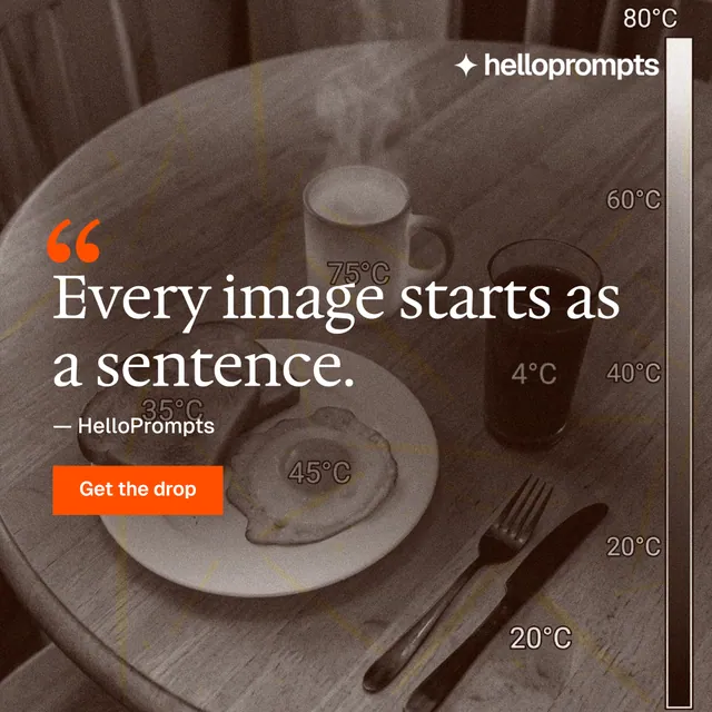 Instagram post for HelloPrompts: "Every image starts as a sentence." Swiss style, quote layout, dark palette in orange, grey.