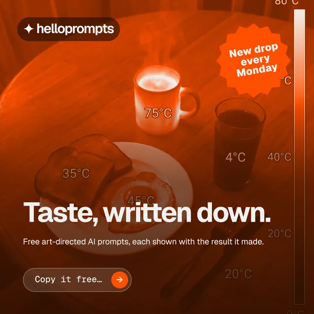 Instagram post for HelloPrompts: "Taste, written down." Agentic glass style, sticker layout, dark palette in orange.
